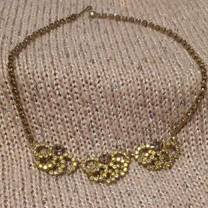 Vintage Gold Necklace with Crystal and Floral Pink Accents